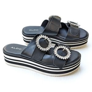 ALDO black platform double strap gemstone slide sandals